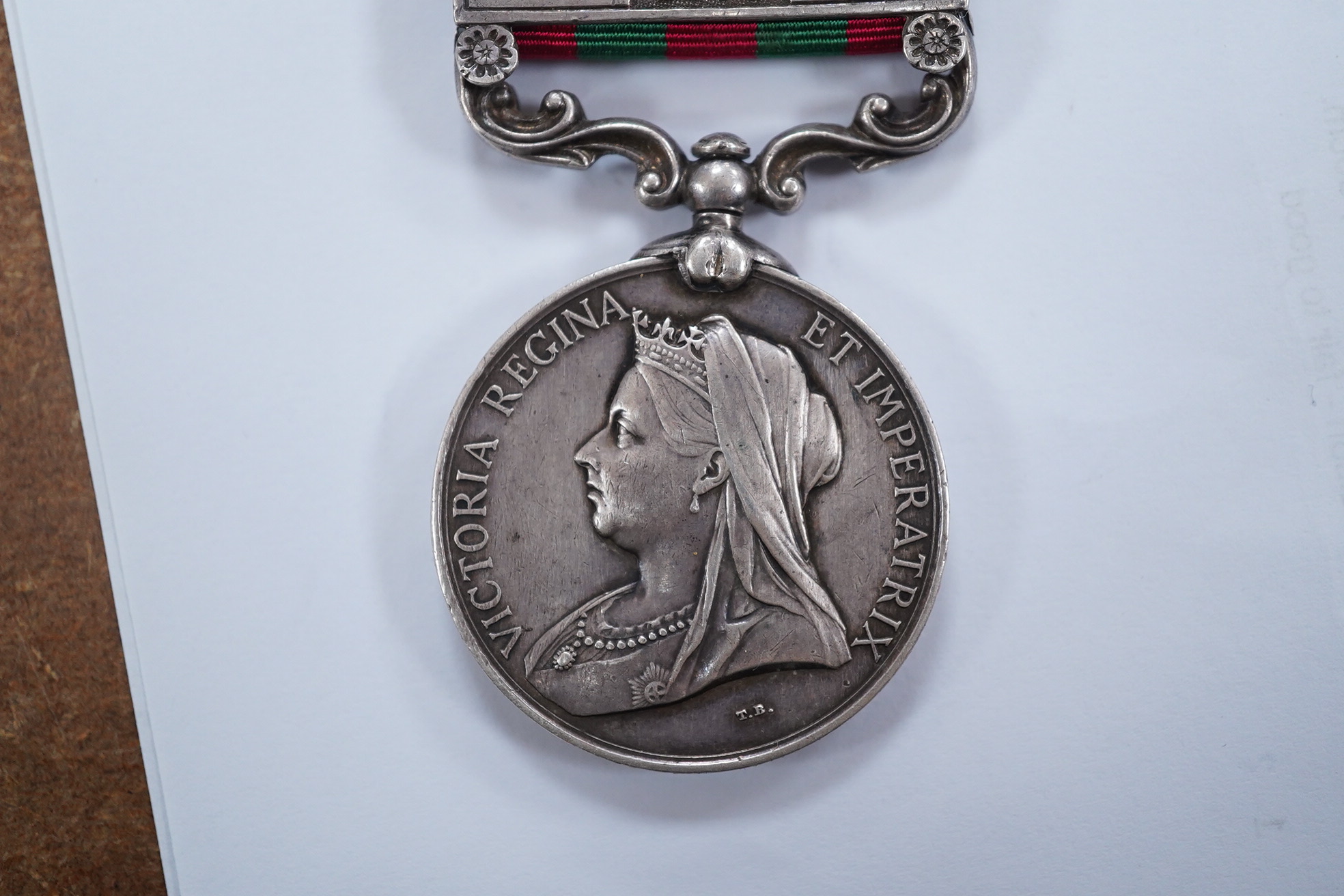 An India General Service medal 1895-1902 awarded to 4695 Pte J Wood 2nd, 13th King's Own Scottish Borders, with Tireh 1897-98, Punjab frontier 1897-98 and relief of Chitral 1895 clasps. Condition - fair to good